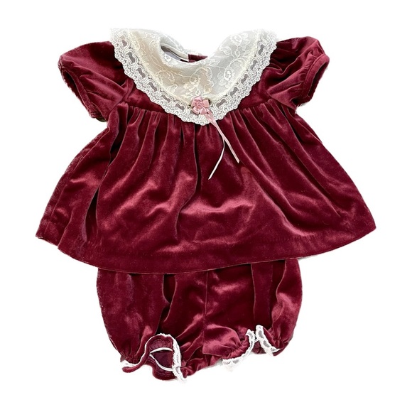 Vintage Rose Cottage Velvet and Lace Dress With Bloomers 3 Pieces 6-9 Months - Picture 2 of 8
